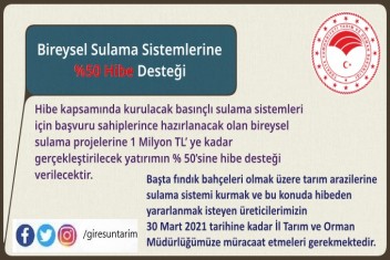 Bireysel Sulama Sistemlerine %50 Hibe Desteği