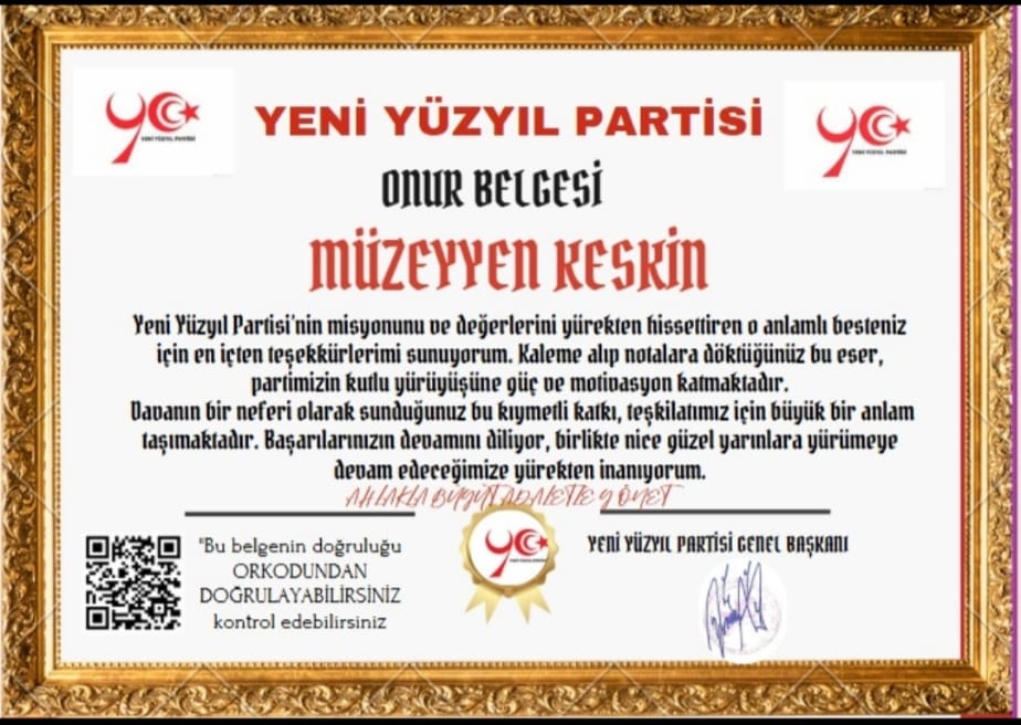 Şiirleriyle Gönüllere Dokunan Müzeyyen Keskin'e Onur Belgesi